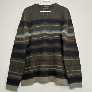 DKNY Men's Wool Knit V Neck Sweater Sz L Green Blue Black Colorblock Office